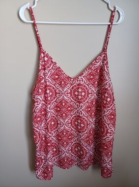 Women's Size XXL Red And White Design Cotton Spandex Spaghetti Strap Tank Top